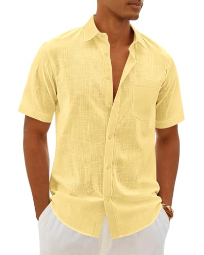 Alimens & Gentle Mens Cotton Linen Short Sleeve Shirts Solid Casual Button Down Shirt Beach Summer Vacation Tops Yellow L