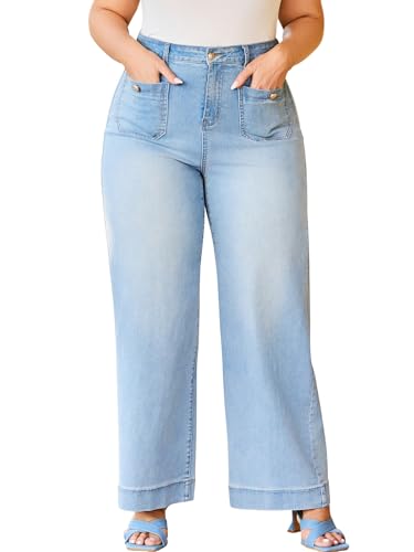Women's Wide Leg Jeans with Patch Pockets, Straight Leg Jeans with High Waist, Stretchy Denim Pants （Regular）