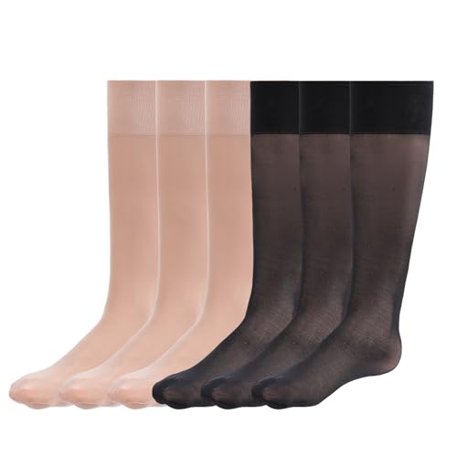 Image of 6 Pairs Sheer Nylon Ankle Socks Nude Crew Stocking for Women Thin See Through Calf High Silk Trouser Socks with Reinforced Toe For Women Girls One Size (Black Nude)