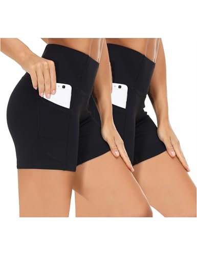 THE GYM PEOPLE 2 Pack Women's High Waist Workout Shorts with Deep Pockets Tummy Control Running Yoga Shorts