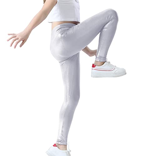 Jinhiteam Girls Metallic Active Leggings 11-12 Years Silver Sparkly Shiny Stretchy Active Pants Silver Color For Youth Teen #TOP2
