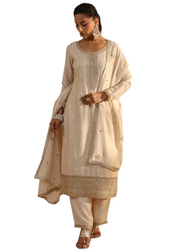 Image of Libas Womens Embellished Silk Blend Straight Kurta With Palazzos and Dupatta