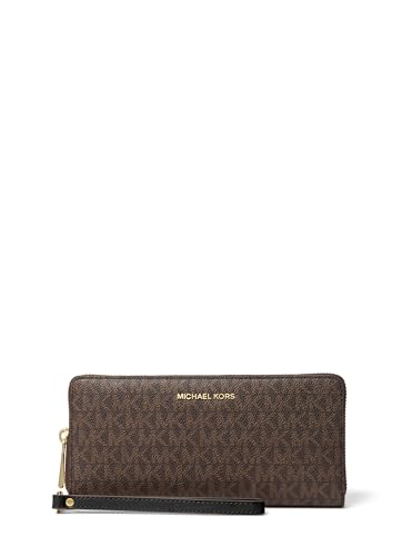 Image of Michael Kors Jet Set Travel Continental, Gold-Tone Hardware /MK Signature Coated Twill /Brown /Black