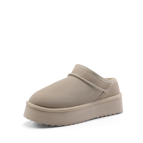 DREAM PAIRS Women's Slippers Platform Genuine Suede Slip-On Memory Foam Cozy Fluffy Warm Comfy Furry House Shoes for Outdoor Indoor 5 Sand