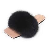 Pilipala Womens Flat Furry Slides Toe Square Fox Fur Fuzzy Sandals Fashion Dressy Shoes for Ladies Black Sexy Slippers with Open Toe(Aprico Sole Black,8)