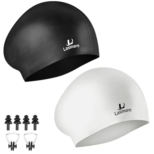 Long Hair Swim Cap for Women 2 Pack, Silicone Swimming Caps for Unisex Adult Women Men with Ear Plugs & Nose Clip Set, Waterproof Adult Swim Hats Bathing Caps to Keep Hair Dry(Black+White)