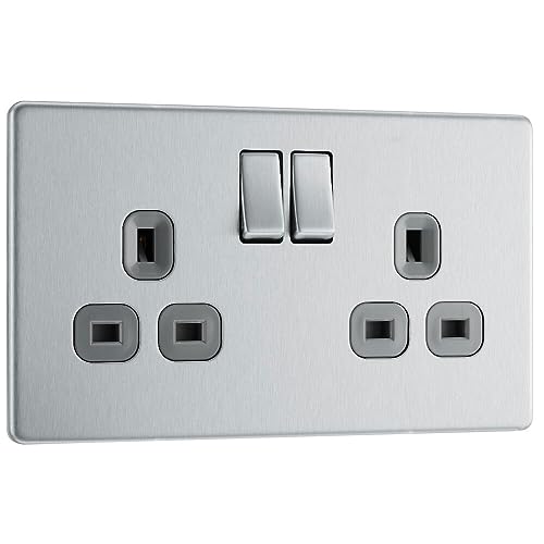 BG Electrical Double Switched Power Plug Wall Socket Flatplate Screwless Brushed Steel Grey Inserts 13A FBS22G