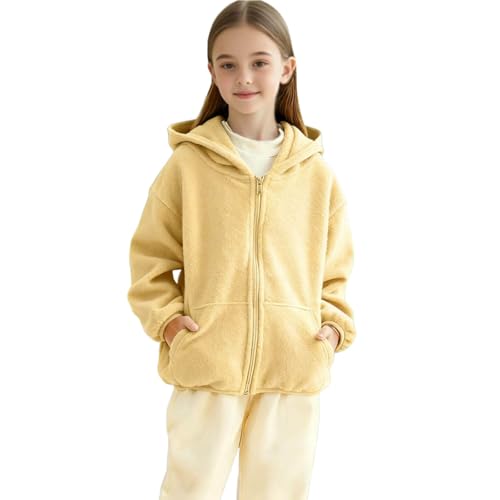 Girls Fuzzy Hooded Jacket Kids Soft Oversized Jackets Zip up Hoodie Warm Sweatshirt with Pockets 2025 Winter Fashion Khaki