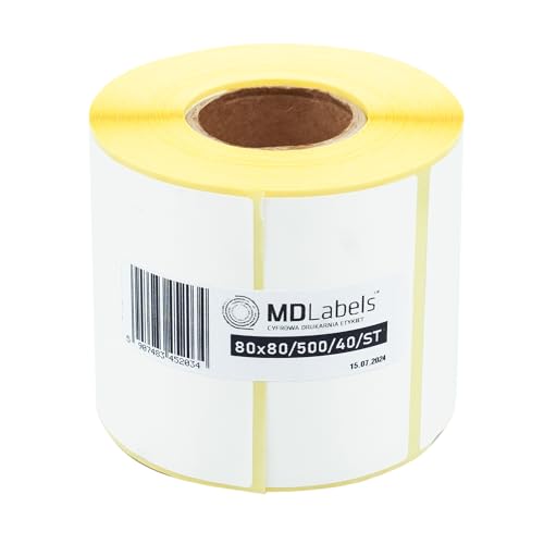 MDlabels Etichette termiche bianche su rotolo 80 x 80 mm, 500 pezzi permanenti, per codici a barre, etichette adesive bianche per scrivere