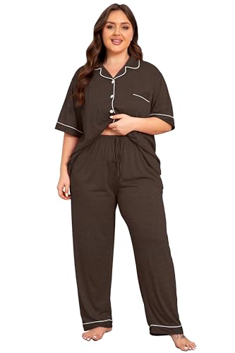 Image of Vozanet Women Plus Size Pajamas Button Down Rayon Softness PJS Classic Sleepwear Short Long Loungewear 2pcs with Pockets