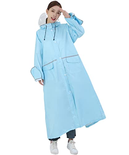 HOTIAN レインコート レディース 自転車 レインウェア ロング丈 レインポンチョ リュック対応 梅雨対策 雨具 合羽 収納袋付き バイク 通勤 通学 防風 防水(ラインブルー・L)