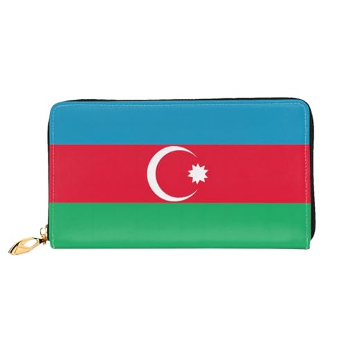 Leather Women Wallets, Long Credit Card Holder, Flag of Azerbaijan Print Billfold Clutch & Travel Purse Large Capacity