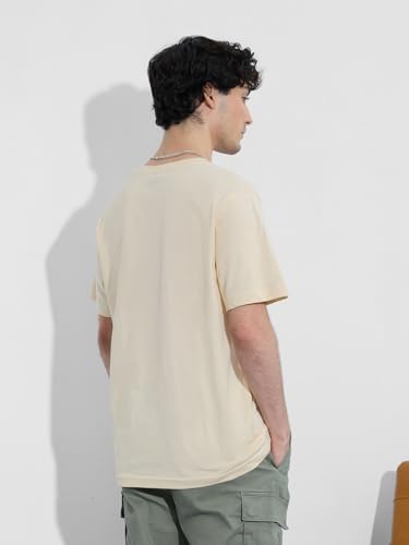 Image of The Souled Store Graphic T-Shirt: Place in Heaven Men and Boys Short Sleeves Round Neck Light Beige Graphic Printed Cotton Relaxed Fit T-Shirts