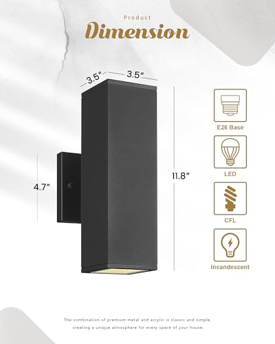 Image of Ken & Ricky Modern Outdoor Wall Light,Aluminum Rectangular,Black,2 PK | 2 Lights Exterior Wall Light Fixtures,Waterproof Outdoor Sconce,No glare,for House Porch Garage Patio Front Door Entryway