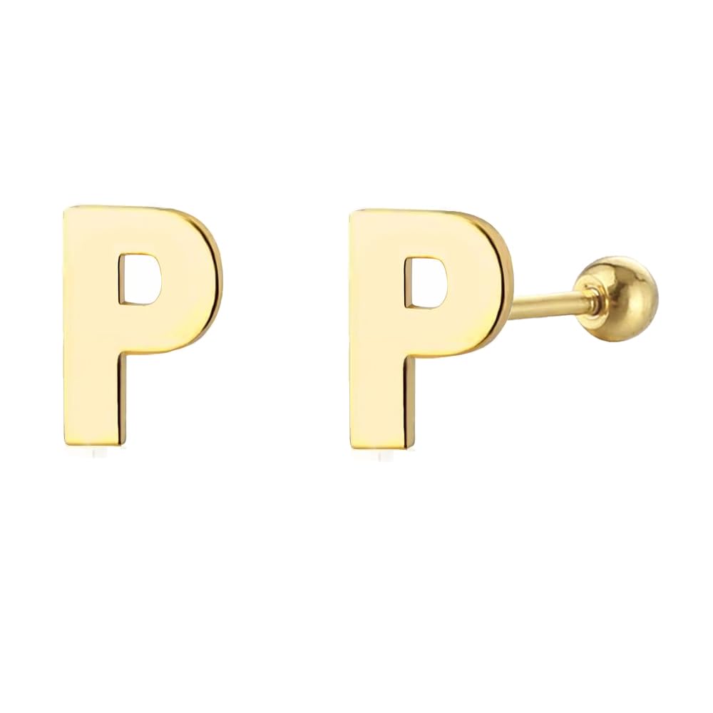 18G Tiny Initial Stud Earrings for Women Girls 925 Sterling Silver 14K Gold Plated Hypoallergenic Cute Small Alphabet Letter Cartilage Tragus 3mm Ball