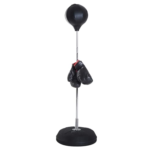 HOMCOM Saco de Boxeo de Pie Punching Ball con Altura Ajustable en 4 Niveles 126-144 cm Base Rellenable y Guantes de Boxeo para Adultos y Adolescentes Negro