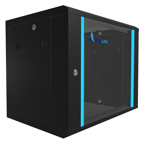 Extralink Serverschrank 19 Zoll 9HE Netzwerkschrank 450mm Tiefe zur Wand- oder Standmontage Traglast 60 kg gehärtete Glastür abschließbar 180 Öffnung schwarz für Heimnetzwerk & IT-Geräte