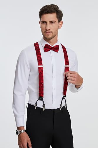 Image of HISDERN Suspenders for Men Paisley Floral Bow tie Suspender Pocket Square Sets Adjustable Y Shape 6 Clips Wedding Braces