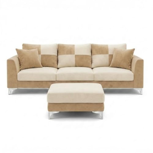 Image of Romeo Rich 4 Seater L Shape Sofa Set with Movable Ottomans | Flexible Layout | Velvet Suede Fabric | Golden Aesthetic Legs | Dual Tone Modern Sofa for Living Room (Beige-Cream)