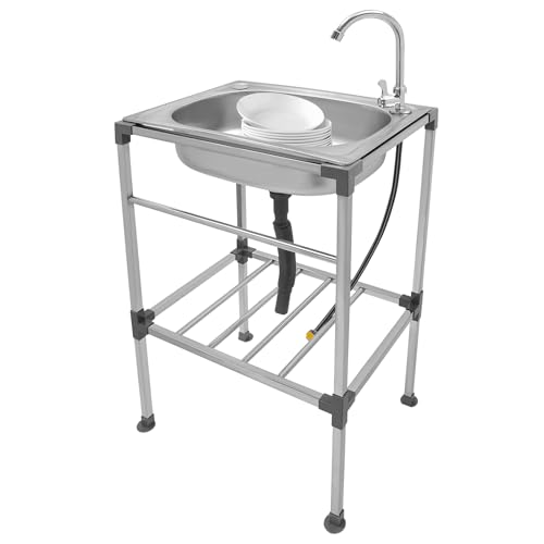 Lavabo de acero inoxidable para exteriores, fregadero móvil independiente, montaje rápido, fregadero de cocina comercial con grifo (53 x 38 x 83 cm)