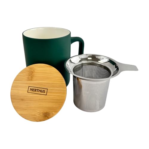 NERTHUS FIH 1569 Taza Cerámica 375 ml con Infusor Acero Inox y Tapa Bambú, Diseño Elegante, Ideal para Té e Infusiones Verde Mar