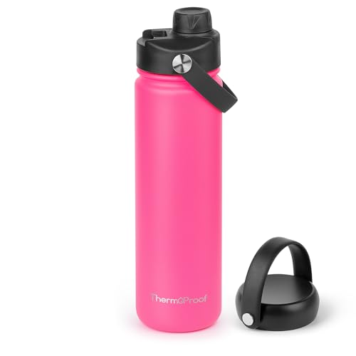 Image of ThermoProof Double-Walled Vacuum Insulated Stainless Steel Water Bottle - Wide Mouth with Chug & Spout Lids, Dishwasher Safe, Reusable, Leakproof, Hot & Cold for Men, Women & Kids - 22oz, Neon Pink