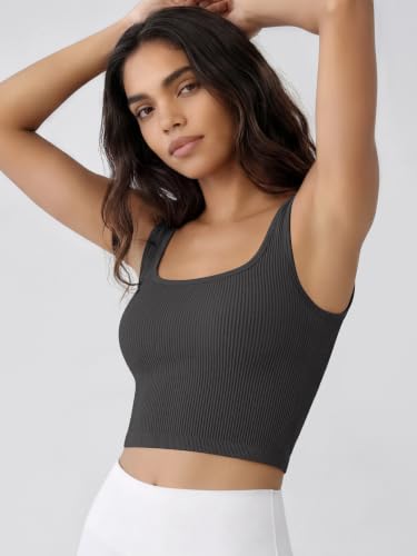 Image of ODODOS 3-Pack Seamless Square Neck Crop Tank for Women Ribbed Knit Soft Low Back Cropped Tops