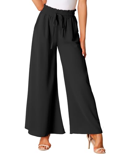 Allegra K Women's Casual Elastic Banding Waist Long Pants with Pockets Loose Fit Wide Leg Linen Daily Lounge Pant
