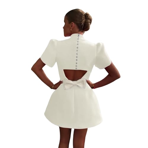 Image of AMPOSSTO Women's Elegant Bow Backless Hollow Out Mini Dress Turtleneck Short Sleeve Pad Shoulder Dresses for Party Cocktail