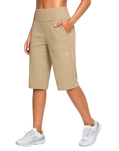 SANTINY 14' Shorts for Women Knee Length with Pockets High Waisted Stretch Long Bermuda Shorts for Summer Dressy Casual (Khaki XL)