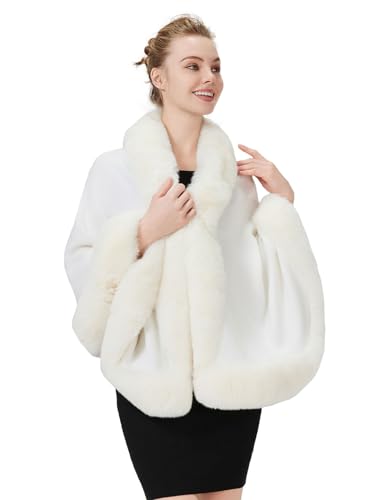 BEAUTELICATE Châle Étole En Fausse Fourrure Cape Poncho Tricoté Chaud De Femme Mariage Hiver Sur Robe de Soirée Mariée Demoiselle d'honneur(Taille Unique, Ivoire)
