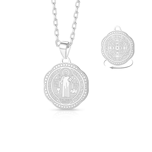 VASSAGO San Benito Medalla Collar Acero Inoxidable Medalla De San Benito Collar Cristiano Católico Cruz Exorcismo Colgante Biblia Verso Protección Amuleto Religión Joyería Mujeres Hombres (Plata)