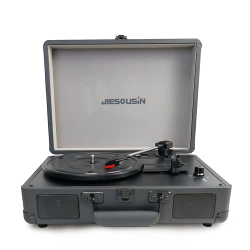 Reproductor de discos de vinilo, reproductor de discos de maleta portátil Bluetooth de 3 velocidades con altavoces integrados, auriculares, entrada auxiliar, reproductores de vinilo de línea RCA para