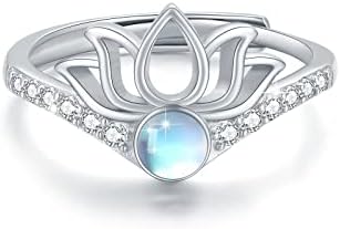 Lotus Ring 925 Sterling Silver Moonstone Ring Adjustable Lotus Open Ring Rainbow Moonstone Jewellery Birthday Gifts for women Girls Girlfriend