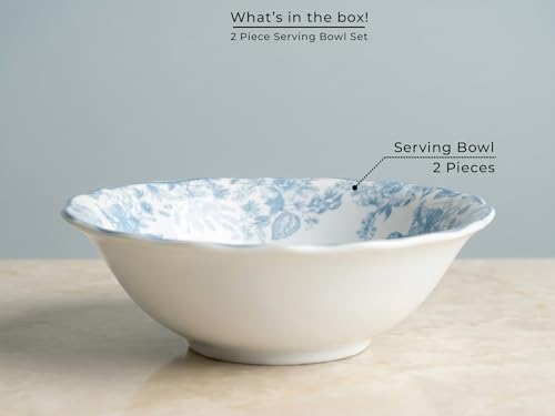 Image of Bodhi House 2-Piece Blue Leaf White Porcelain Serving Bowl Set | Lightweight, Chip Resistant, | Microwave & Dishwasher Safe | Elegant Tableware for Home Dining, Parties, Serving & Gifting Use