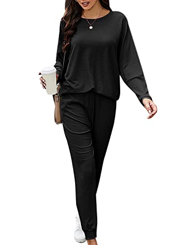 Benylion Damen 2-teiliger Trainingsanzug Langarm Pullover Top + Jogger Hosen Sets Einfarbig Sweatsuit Loungewear M-XXL, A02395-Black, 38 Cover