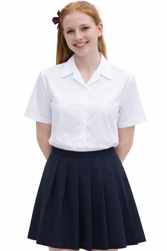 L S U White School Shirt Short Sleeve Open Neck - Girls Button Down Blouse Revere Collar Kids Uniform Shirts (15-16 Y White)