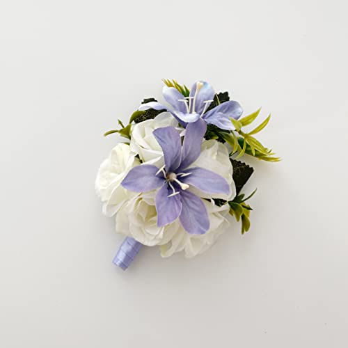 Abbie Home Wedding Wrist Corsage Brooch Boutonniere Set Party Prom Hand Flower Décor-White&Lavender #TOP3
