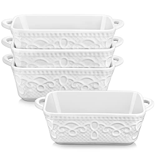 Ramekins 10oz Oven Safe,MALACASA Ceramic White Souffle Dishes Ramekin Bowls, Rectangular Vine Pattern Baking Dish Creme Brulee Ramekins with Double Handle, Mini Bakeware, Set of 4, 6.3" X 3.5" X 1.7"