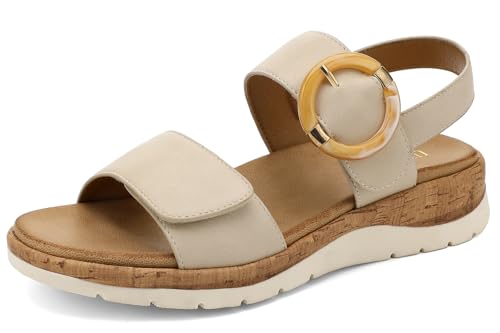 UBFEN Womens Flat Sandals Arch Support Open Toe Walking Comfy Casual Low Wedge Summer Shoes A Beige Size US 10