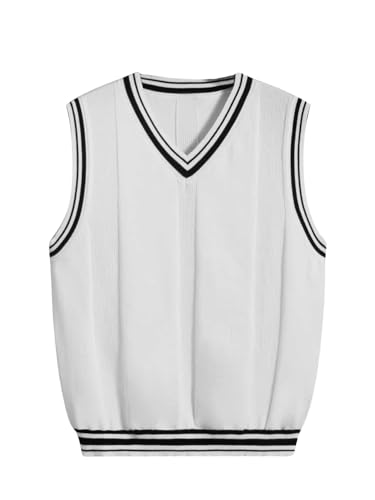 OYOANGLE Men's V Neck Sweater Vest Striped Trim Preppy Style Sweater Tank Tops