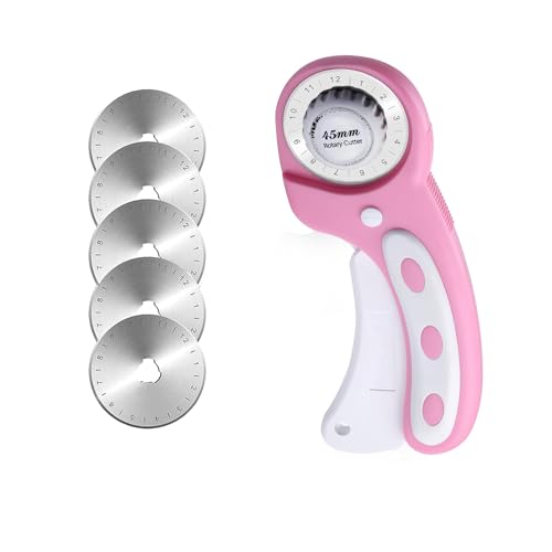 Coltello rotante, 45 mm, set di taglierina rotante, professionale con 5 lame di ricambio SK7, lame rotonde per impunture, tessuto, cuoio, cucito e altro, coltello ergonomico (Ro