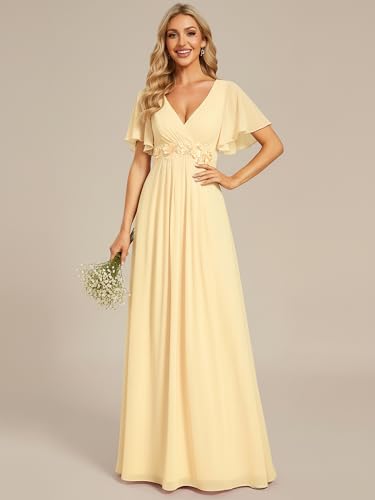 Image of Ever-Pretty Women's Spring Short Sleeve Bridesmaid Dresses V-Neck Chiffon Ruched Empire Waist Appliques Long Formal Dress