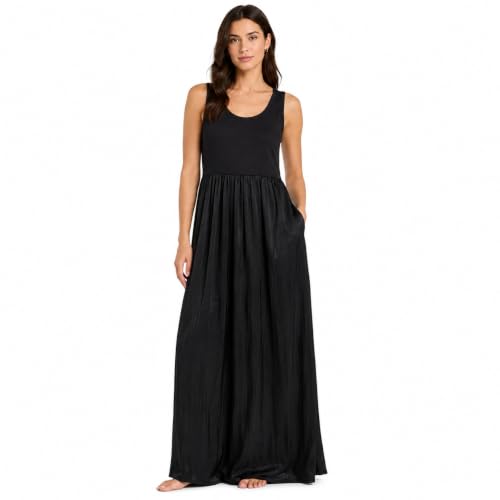 DKNY Women’s Long Dress, Elegant Sleeveless Design with Pleated Skirt, Stretch Knit top, Side Pockets, semi-Formal wear. (US, Alpha, X-Large, Regular, Regular, Black)