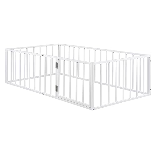 Image of Twin Size Floor Bed for Kids, Montessori Beds with Rails and Door, Metal Playhouse Bed Frame with Fence for Boys Girls, White