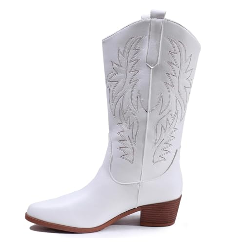 Cowboy Boots for Women Cowgirl Boots Wide Calf Pointed Toe Embroidered Chunky Heel Western Mid Calf Boots