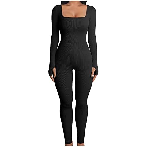 Betrodi Women Bodycon Yoga Jumpsuit Ribbed Long Sleeve Square Neck Jumpsuits Sexy Sports Workout One-Piece Outfit (Black , S ) Cover