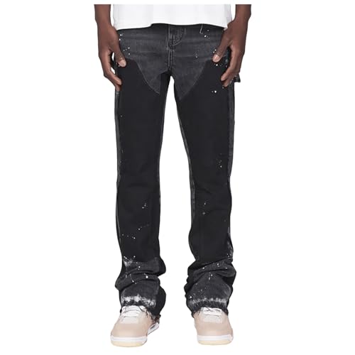 Bootcut Jeans Men Y2K Streetwear Fashion Printed Contrast Bell Bottom Denim Pants with Pockets Casual Jean Trousers