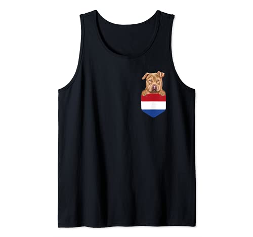 Netherlands Flag Usa Staffordshire Terrier Dog In Pocket Tank Top, Black