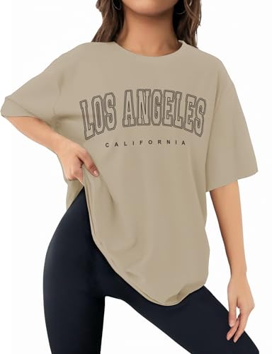Buauty Womens Oversized T Shirts, Graphic Tees Letter Print Short Sleeve Tops Loose Fit Crewneck Top, Summer Casual Y2K 2025 Khaki